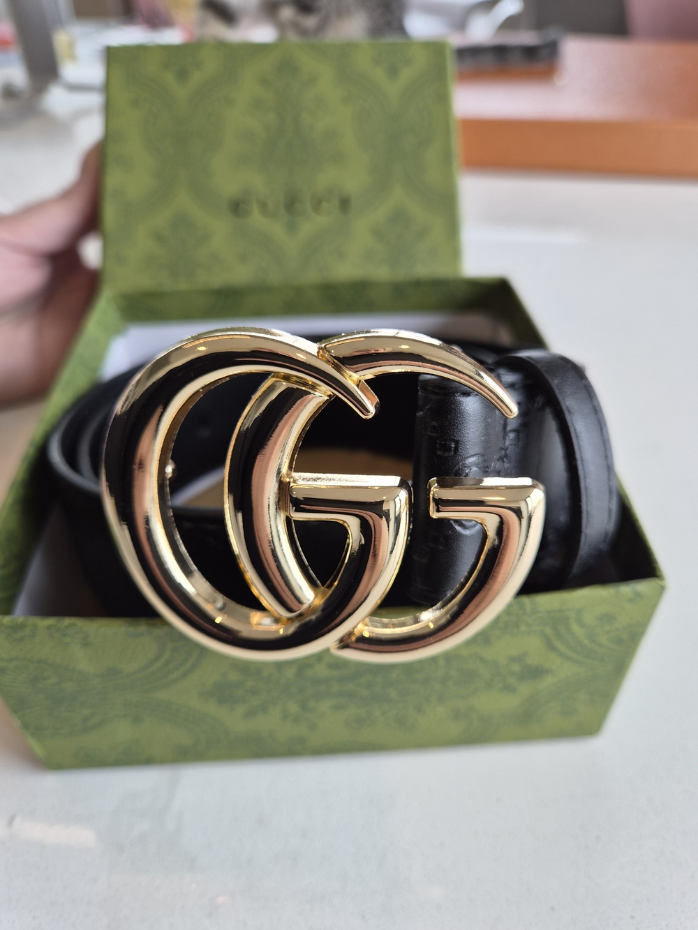 Gucci Black Leather Belt with Gold Interlocking GG Buckle
